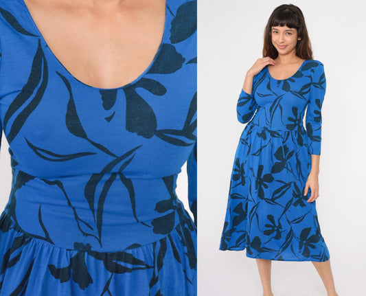 80s Blue Floral Midi Dress Puff Sleeve Fit and Flare Low Waist Small