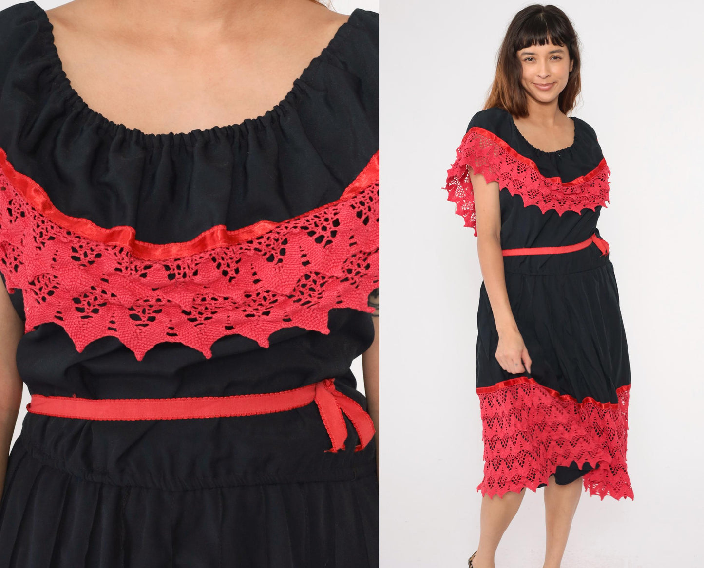 80s Black Peasant Dress Fuchsia Crochet Lace Off-Shoulder Midi Medium Large