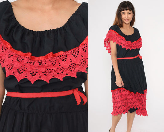 80s Black Peasant Dress Fuchsia Crochet Lace Off-Shoulder Midi Medium Large