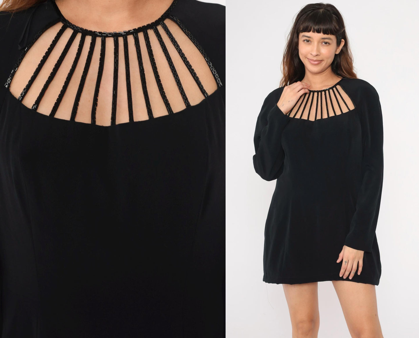 90s Black Beaded Cage Neckline Mini Dress Long Sleeve Sheath Large L