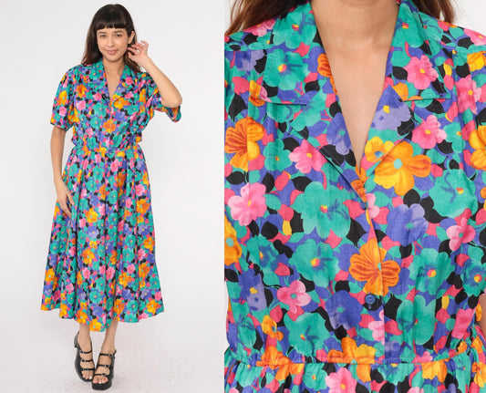 80s Floral Midi Shirtdress High Waist Button Front Turquoise Pink Blue Medium