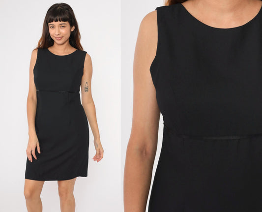 90s Black Shift Dress Empire Waist Mini Sleeveless Button Back Medium