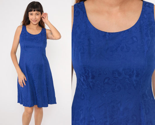 90s Karin Stevens Royal Blue Floral Jacquard Mini Dress Sleeveless Medium