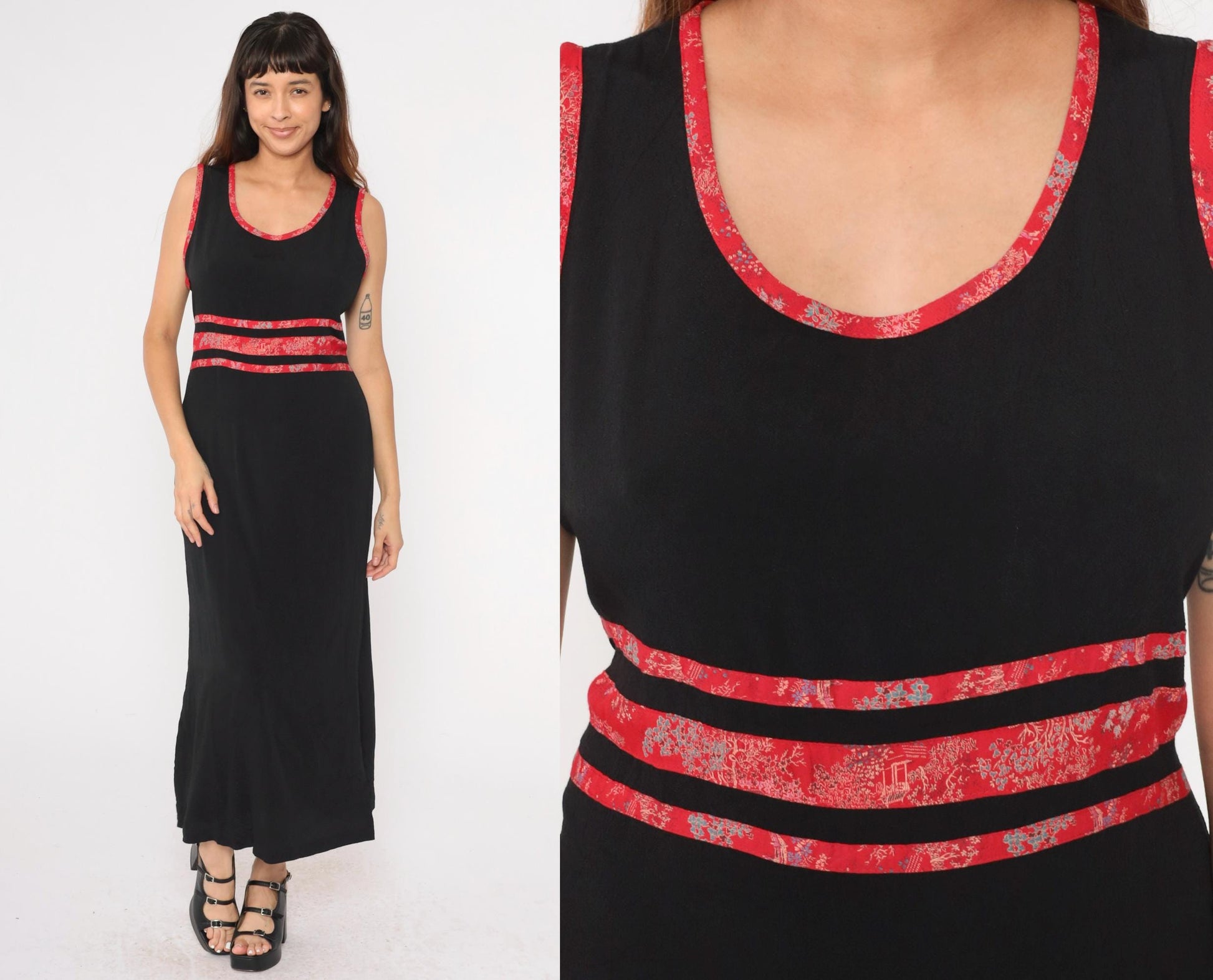 90s Black Maxi Dress Asian Jacquard Trim Sleeveless High Waist Medium