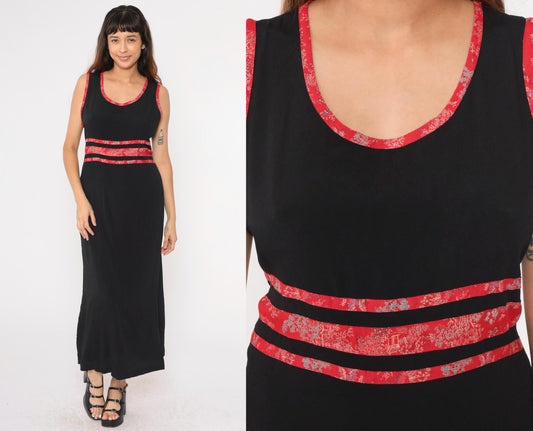 90s Black Maxi Dress Asian Jacquard Trim Sleeveless High Waist Medium