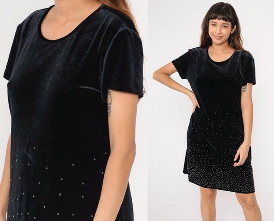 90s Black Velvet Beaded Mini Dress Short Sleeve Shift Large L