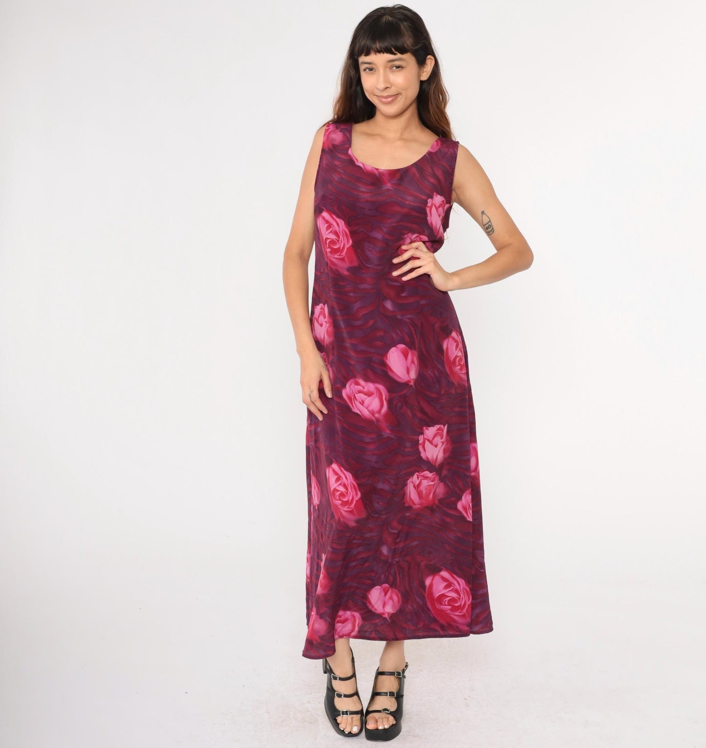 90s Floral Maxi Dress Pink Purple Rose Print Sleeveless Scoop Neck Medium Large