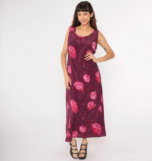 90s Floral Maxi Dress Pink Purple Rose Print Sleeveless Scoop Neck Medium Large