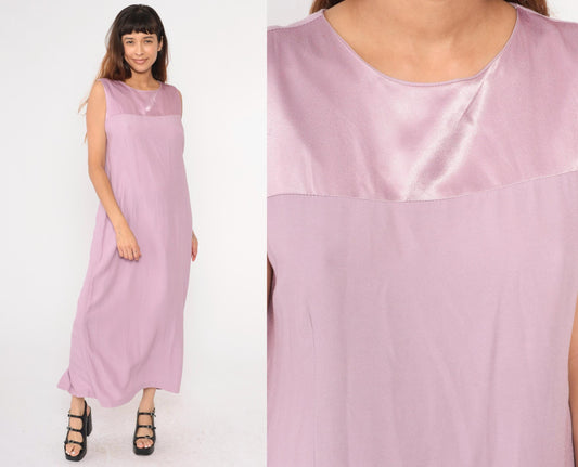 90s Lavender Satin Yoke Maxi Shift Dress Sleeveless Large L