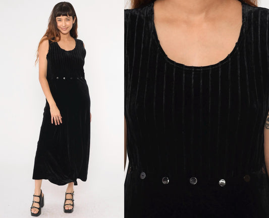90s Black Velvet Maxi Dress High Waist Scoop Neck Sleeveless Medium