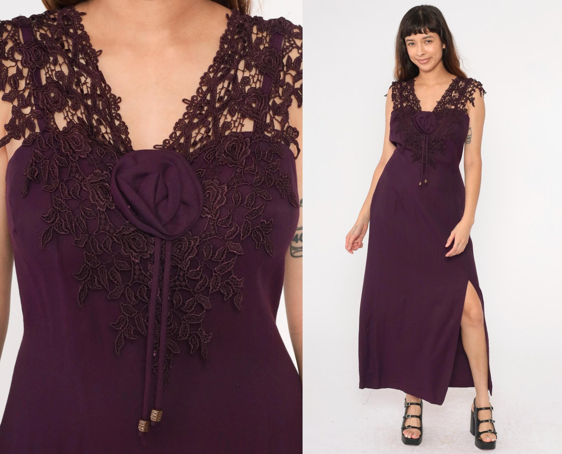90s Purple Maxi Dress Lace Trim Rosette Sweetheart Spaghetti Strap Slit Medium