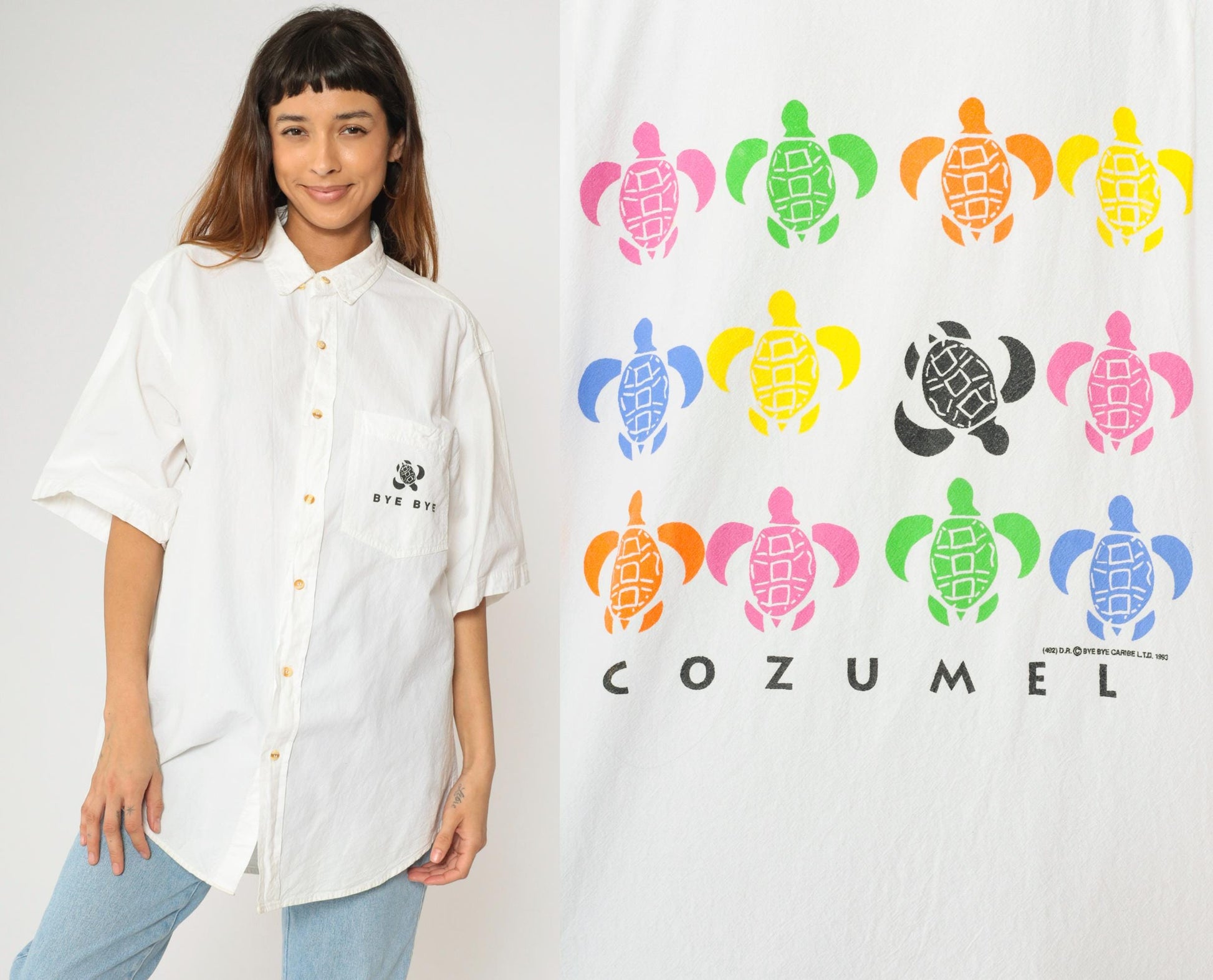 90s Bye Bye Cozumel Turtle Graphic Button-Up Shirt White Cotton Large
