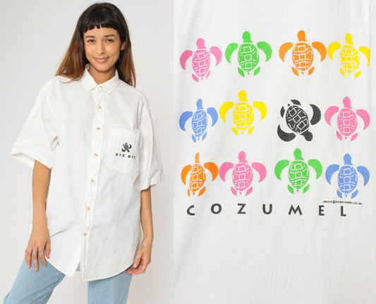 90s Bye Bye Cozumel Turtle Graphic Button-Up Shirt White Cotton Large
