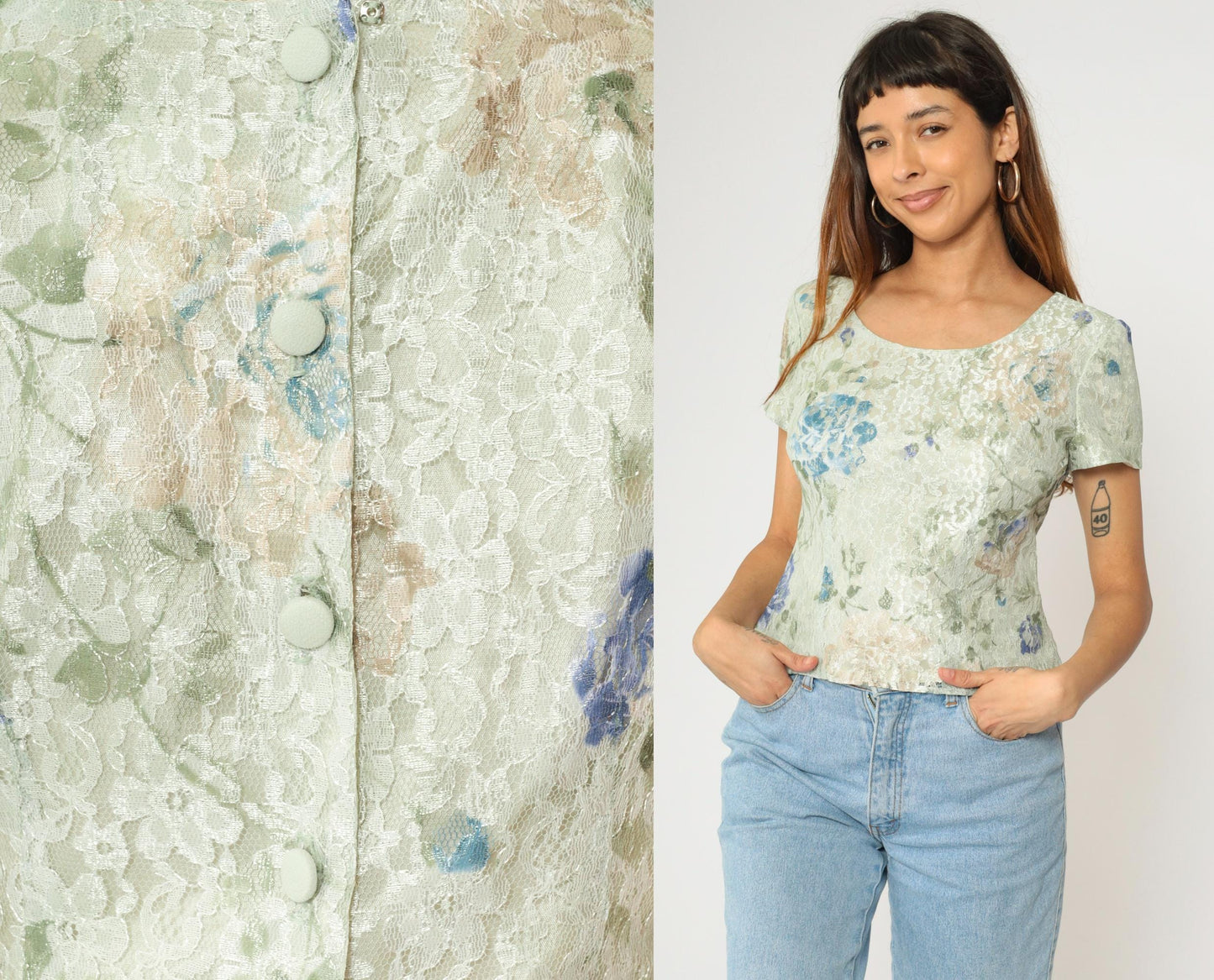 90s Green Floral Lace Blouse Short Sleeve Scoop Neck Button Back Small