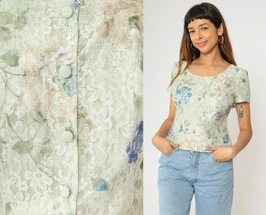 90s Green Floral Lace Blouse Short Sleeve Scoop Neck Button Back Small