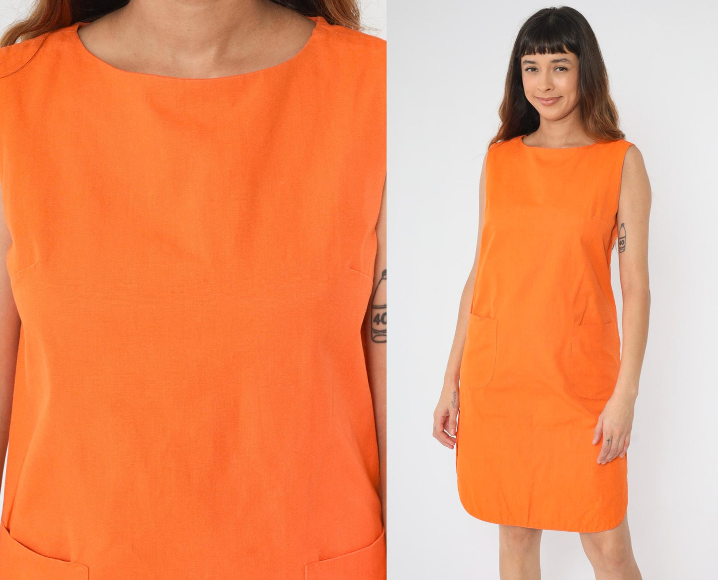 60s Mod Orange Shift Dress Sleeveless Pockets Curved Hem Small Medium