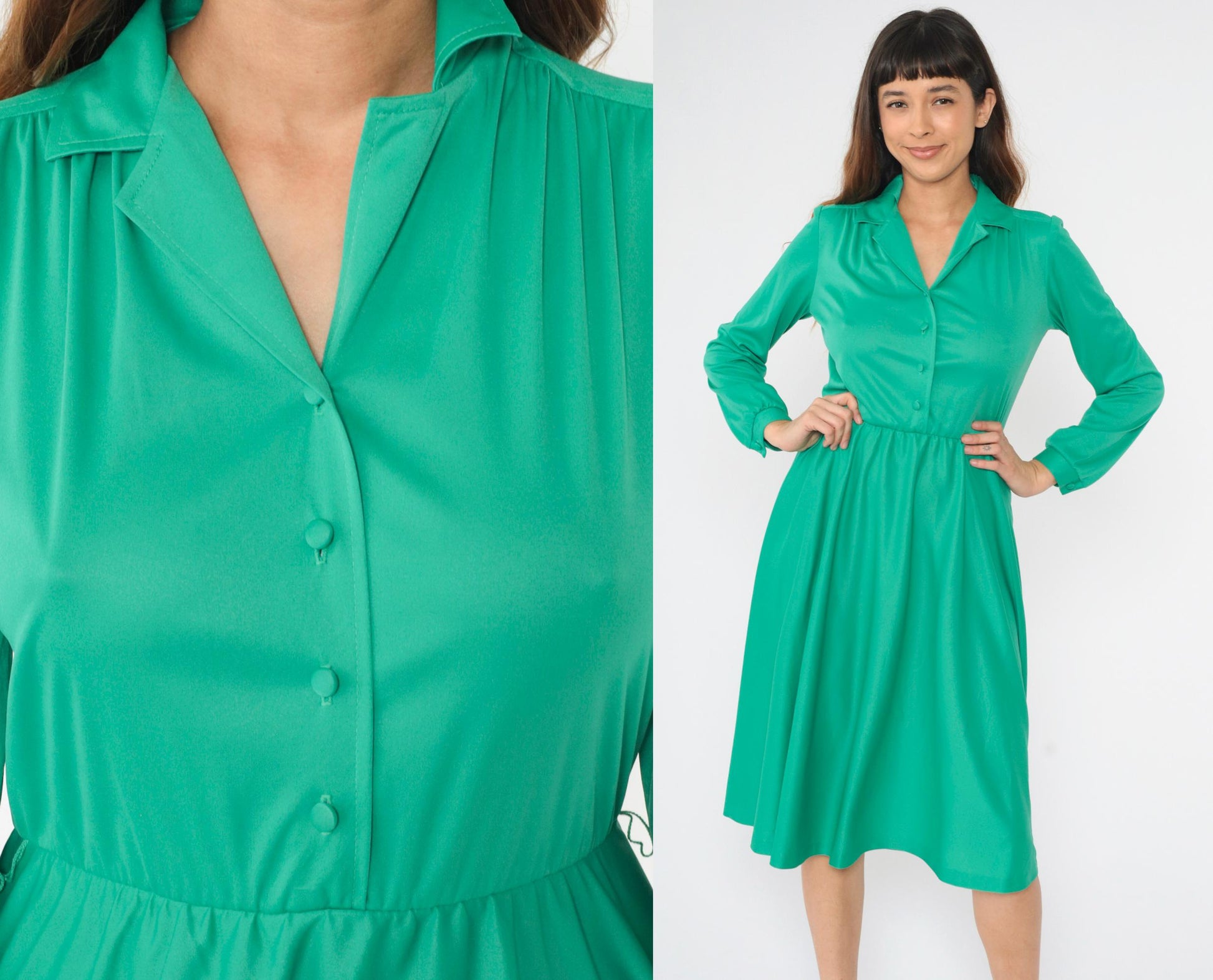 70s Green Midi Shirtdress Button-Up Collar High Waist Long Sleeve Small