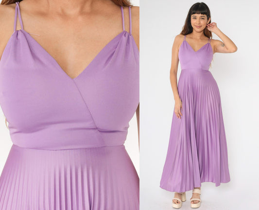 70s Purple Pleated Maxi Dress Deep V Neck Spaghetti Strap Disco Gown XS