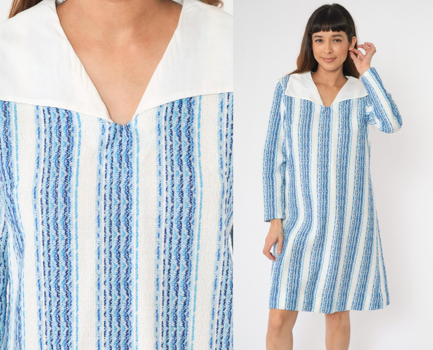 70s Striped Shift Dress White Blue Long Sleeve Collar V Neck Knee Length Medium
