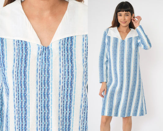 70s Striped Shift Dress White Blue Long Sleeve Collar V Neck Knee Length Medium