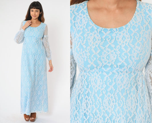 60s Light Blue Lace Maxi Dress Empire Waist Bishop Sleeve XS
