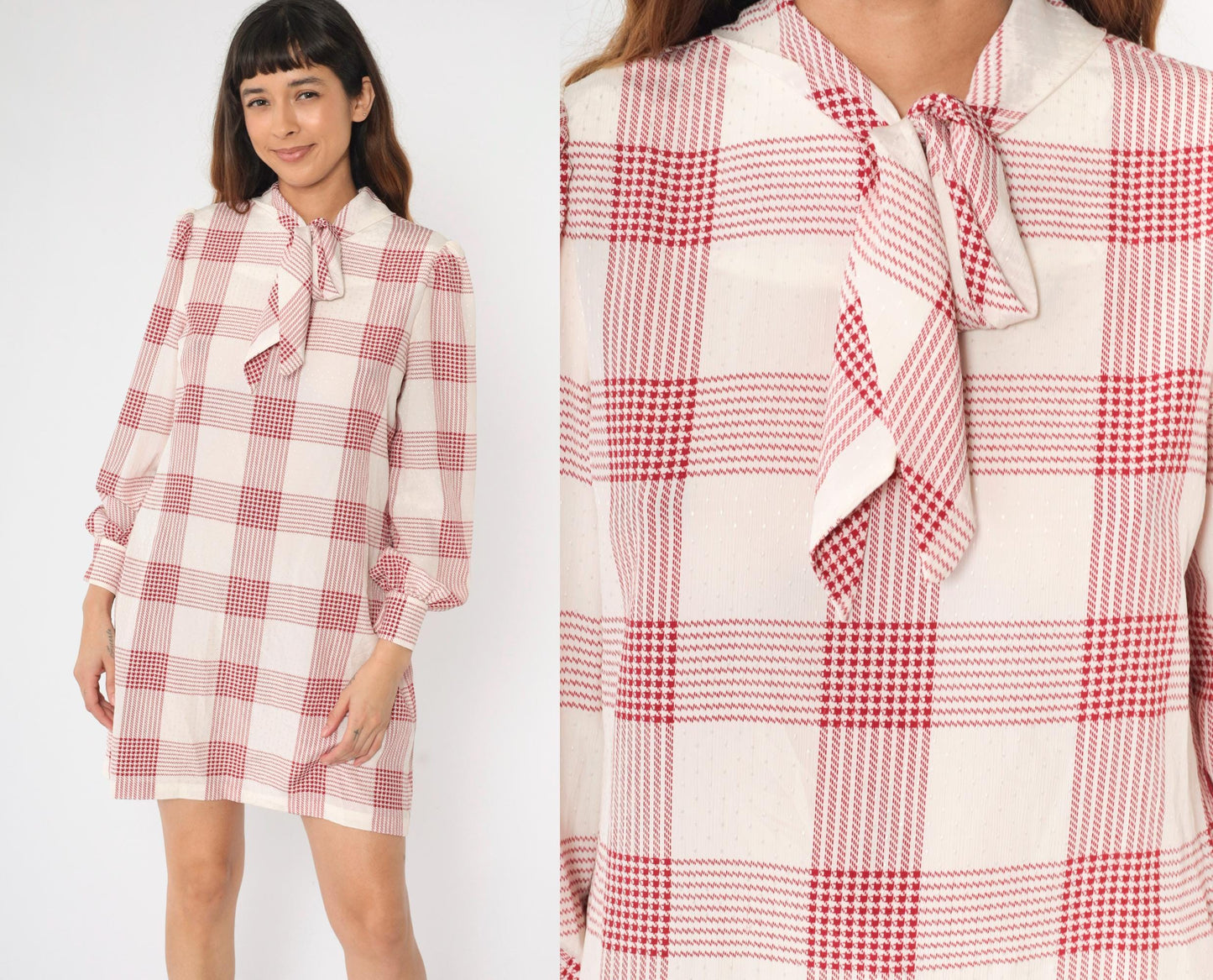 80s Red Houndstooth Mini Dress Tie-Neck Puff Sleeve Shift White Medium M