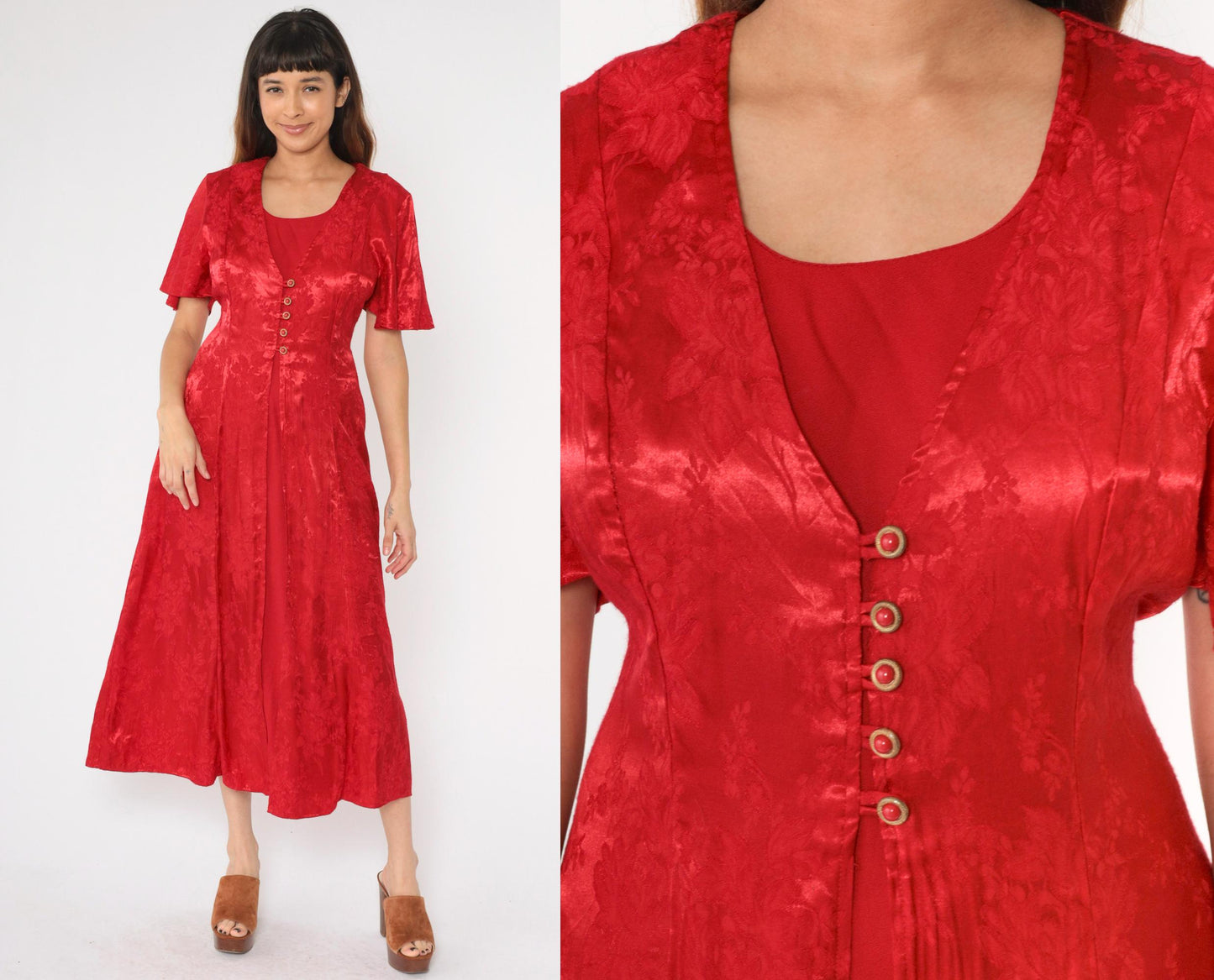 90s Olivia Rose Red Floral Embossed Midi Dress Flutter Sleeve Medium