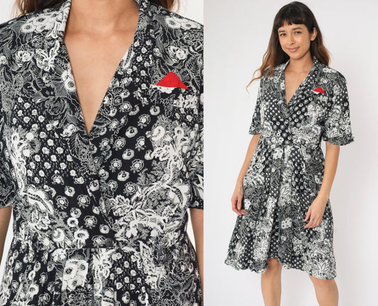 80s Jessica Ryan Black White Floral Midi Dress Faux Wrap Epaulettes Medium