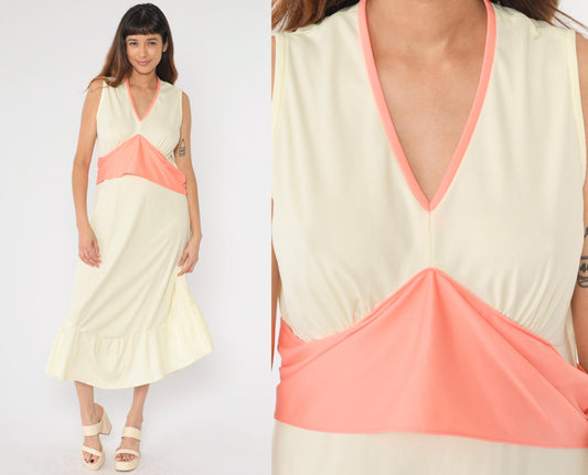 70s Cream Grecian Midi Dress V-Neck Empire Waist Flounce Sleeveless Large L