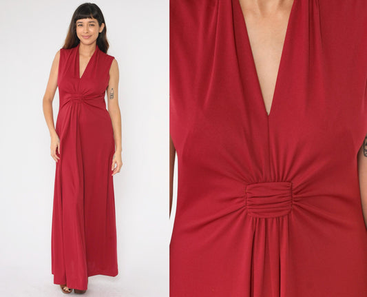 70s Raspberry Red Grecian V-Neck Maxi Dress Sleeveless Medium M