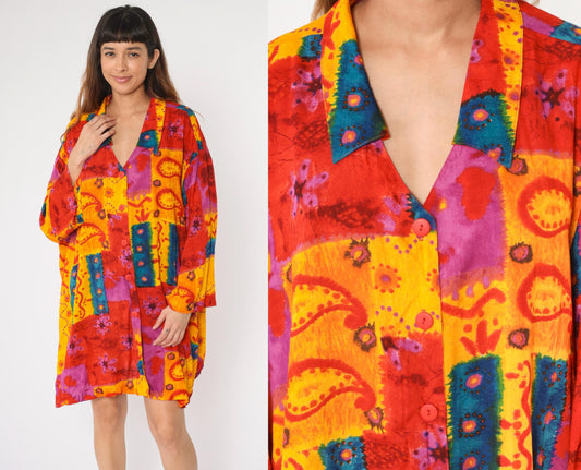 90s C.S.T. Studio Patchwork Paisley Floral Button-Up Tunic Plus Size Red Yellow XXL