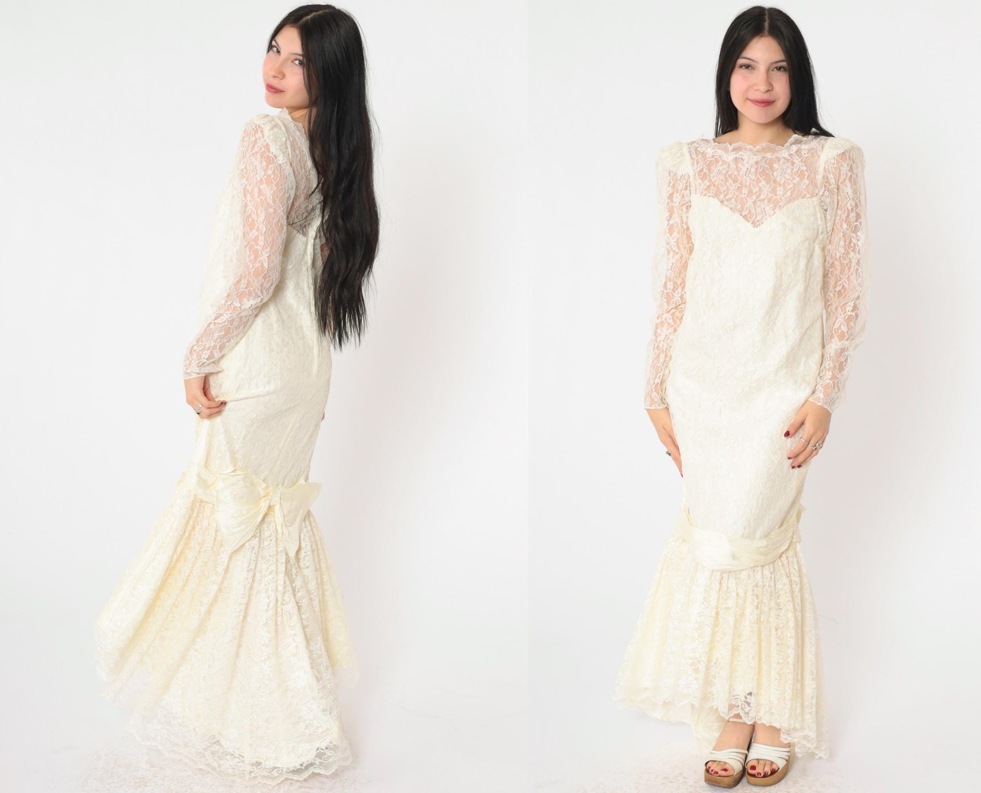 80s Off-White Lace Wedding Dress Maxi Gown Puff Sleeve Sweetheart Neckline Small S