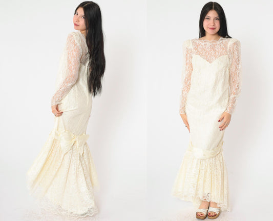 80s Off-White Lace Wedding Dress Maxi Gown Puff Sleeve Sweetheart Neckline Small S