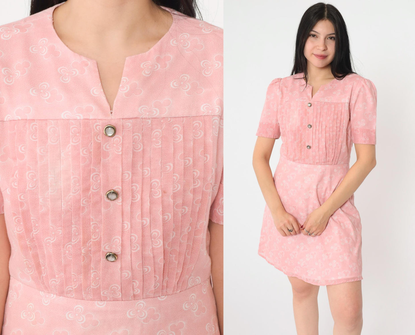 70s Pink Floral Mini Dress Puff Sleeve High Waist Pleated Small