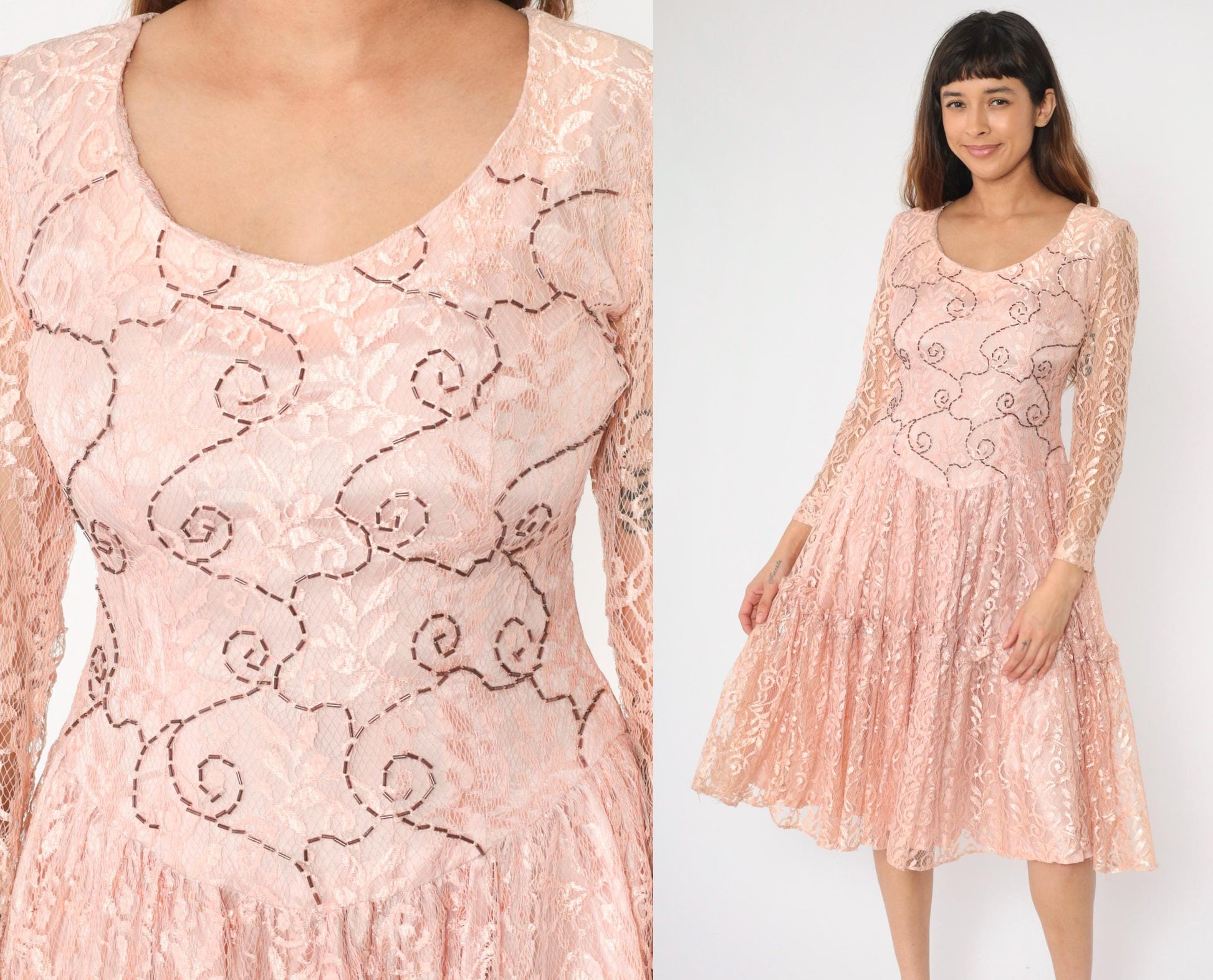 1960s Pink Lace Midi Dress Beaded Floral Scoop Neck Drop Waist Medium