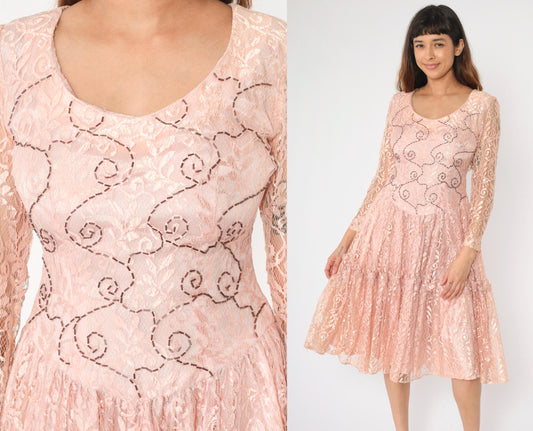 1960s Pink Lace Midi Dress Beaded Floral Scoop Neck Drop Waist Medium