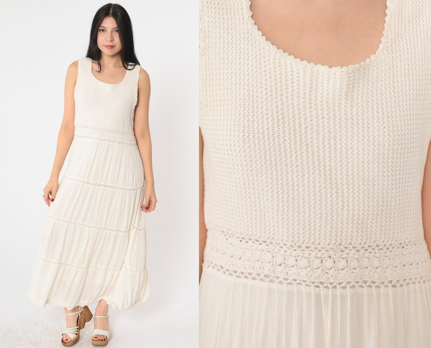 Y2K Cream Crochet Gauze Maxi Dress Sleeveless High Waist Small