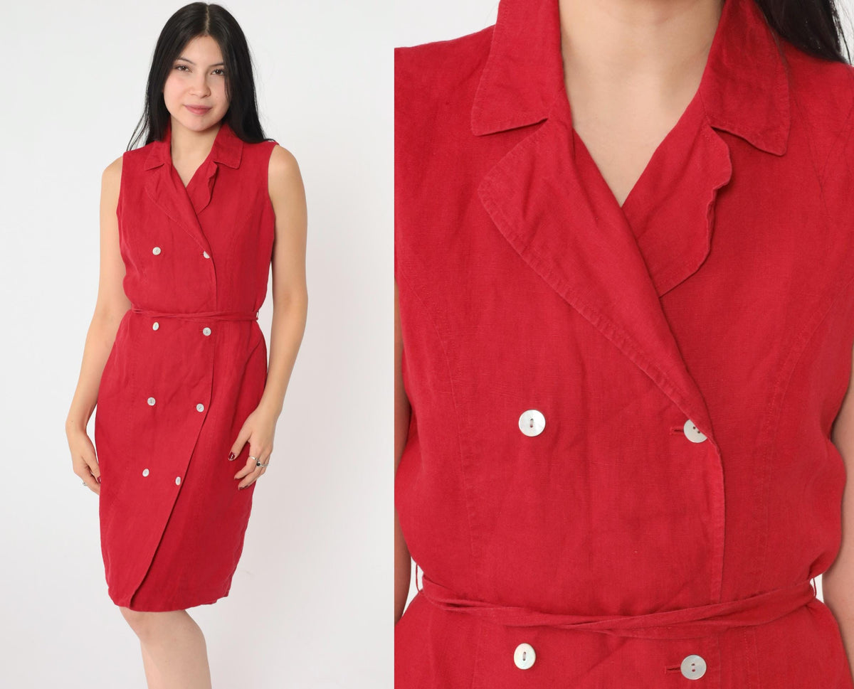 90s Talbots Red Linen Sleeveless Shift Dress Double Breasted Small
