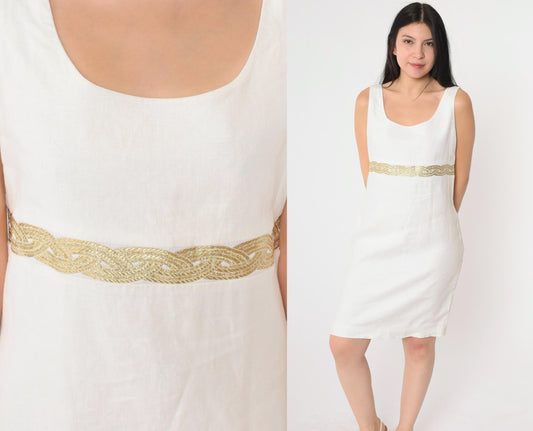 90s White Linen Mini Dress Gold Braided Trim Sleeveless Shift Small 4