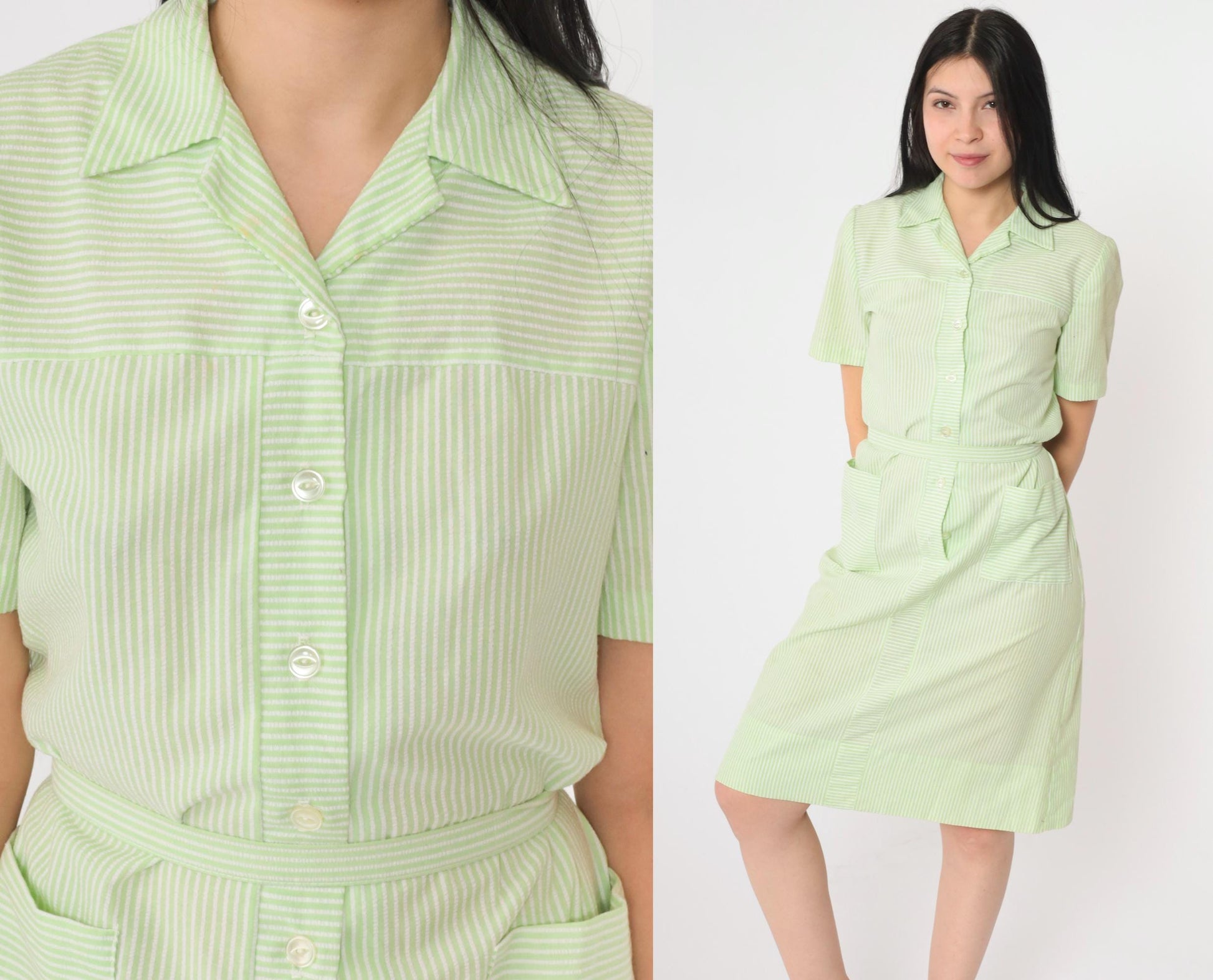 60s Nancy Frock Pastel Green Striped Button-Up Shift Dress Knee-Length Small