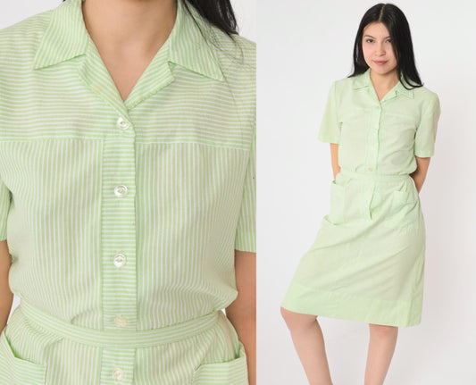 60s Nancy Frock Pastel Green Striped Button-Up Shift Dress Knee-Length Small