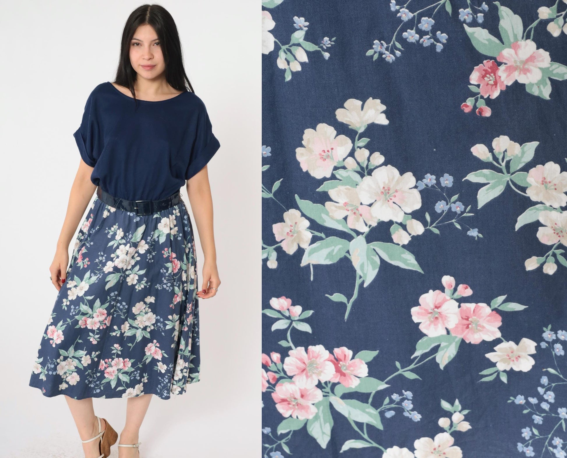 80s Navy Floral Midi Dress High Waist Belted Blouson Short Sleeve Small Medium