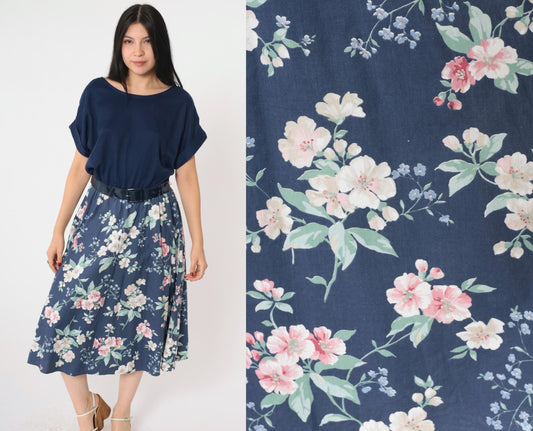 80s Navy Floral Midi Dress High Waist Belted Blouson Short Sleeve Small Medium