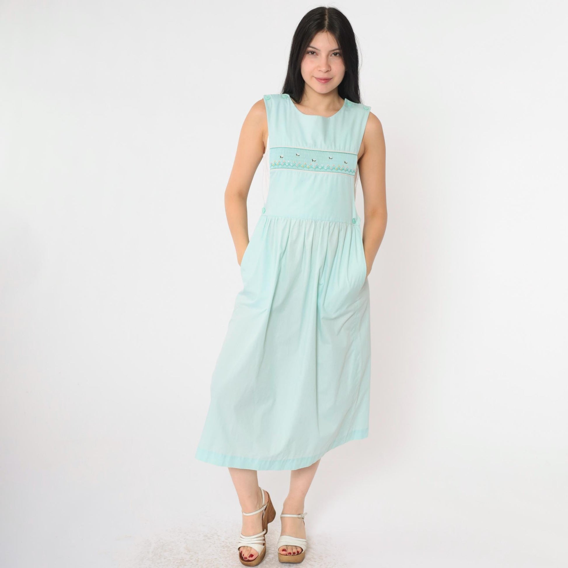 80s Seafoam Embroidered Bumble Bee Floral Midi Pinafore Dress Small