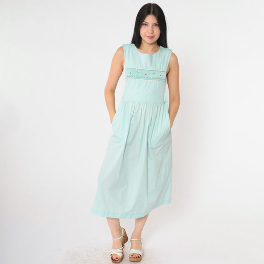 80s Seafoam Embroidered Bumble Bee Floral Midi Pinafore Dress Small