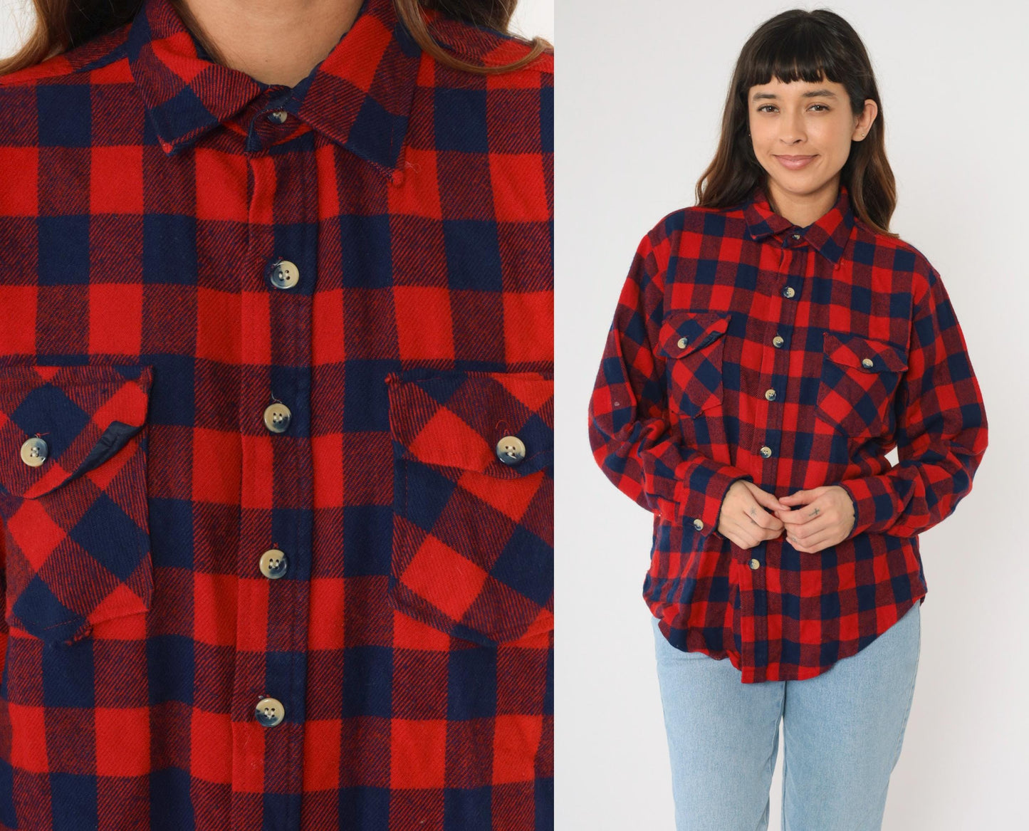 80s Buffalo Plaid Flannel Shirt Navy Red Men's Large Button Up Long Sleeve