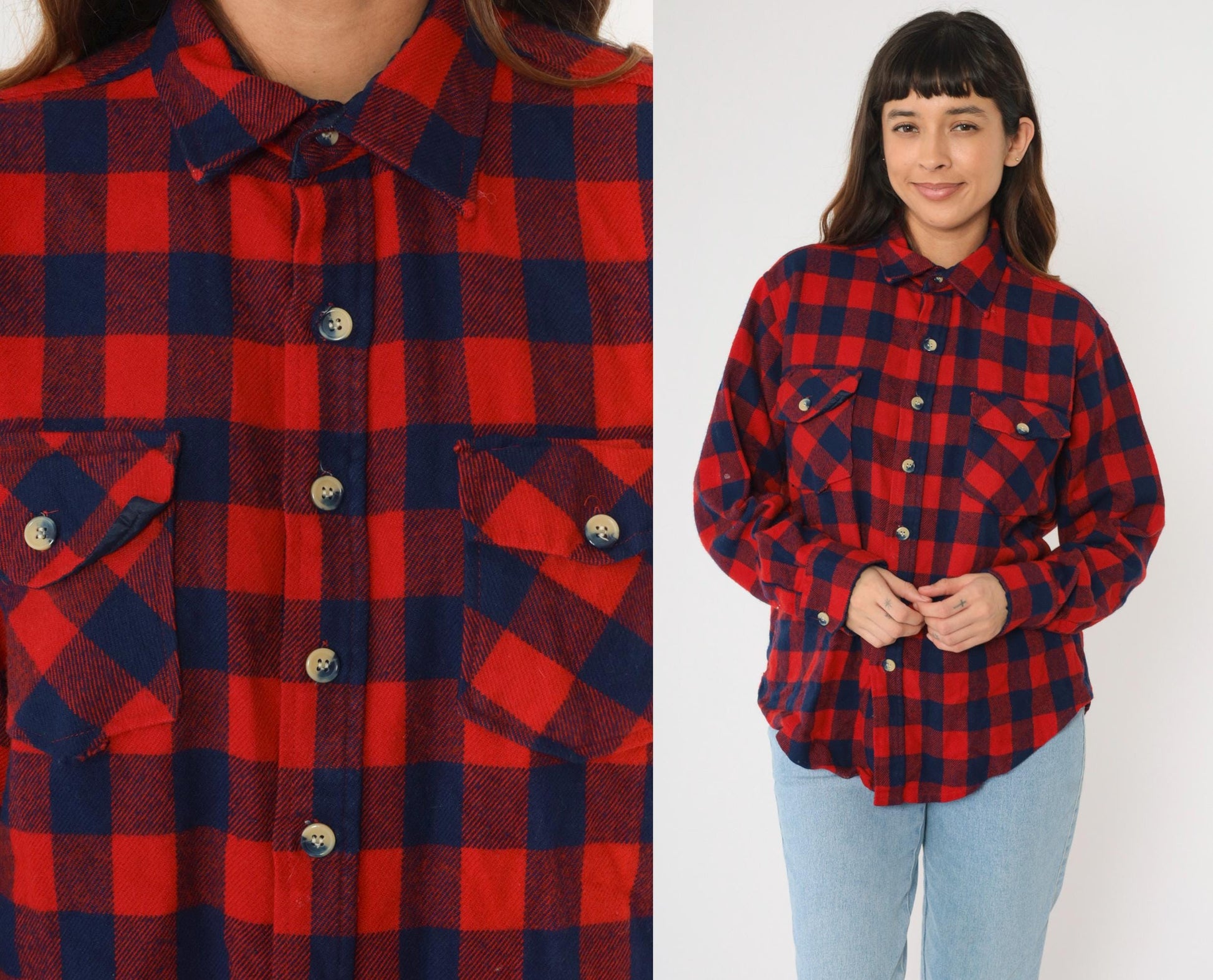 80s Buffalo Plaid Flannel Shirt Navy Red Men's Large Button Up Long Sleeve
