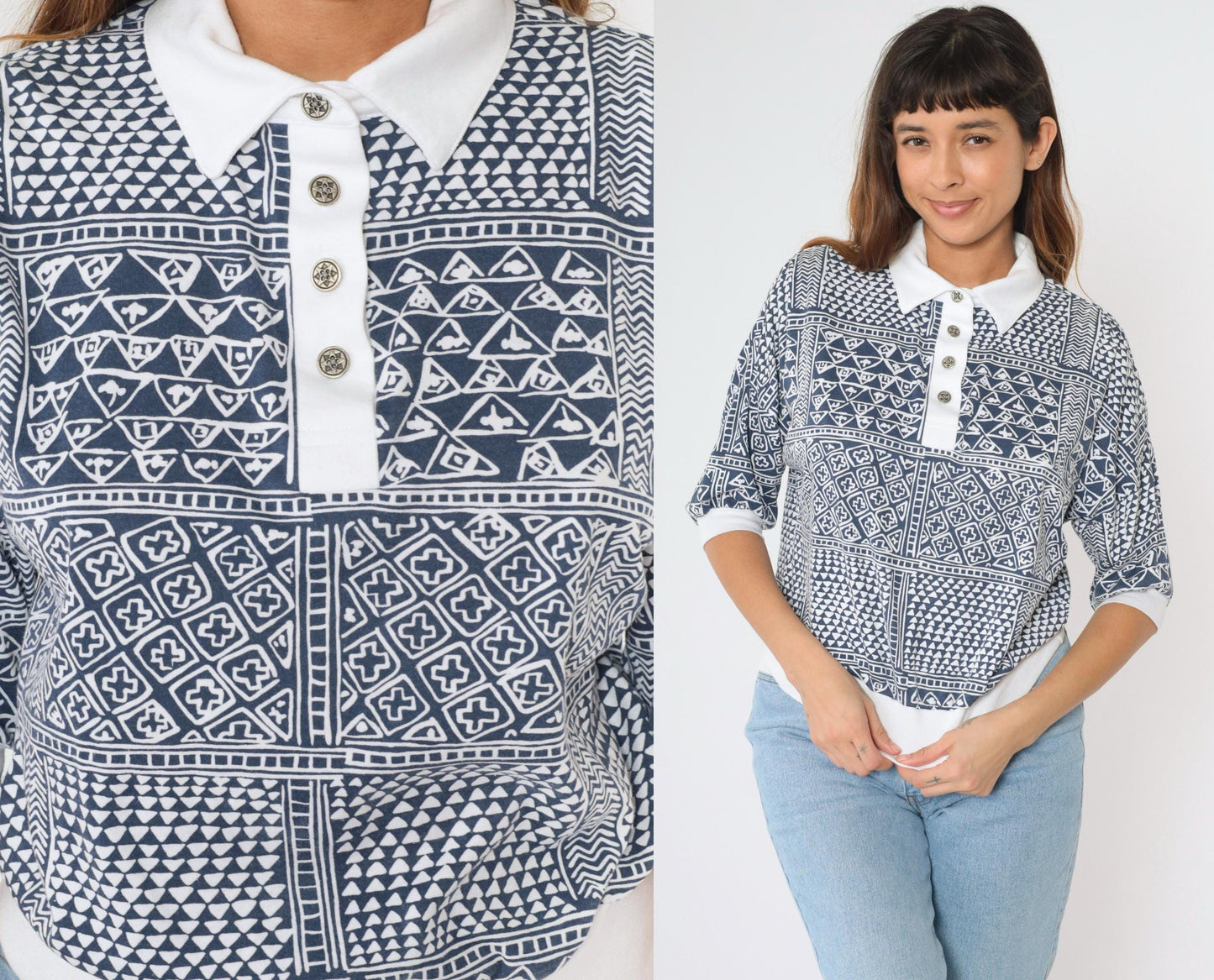 90s Drapers & Damons Geometric Patchwork Polo Shirt Navy White Dolman Medium