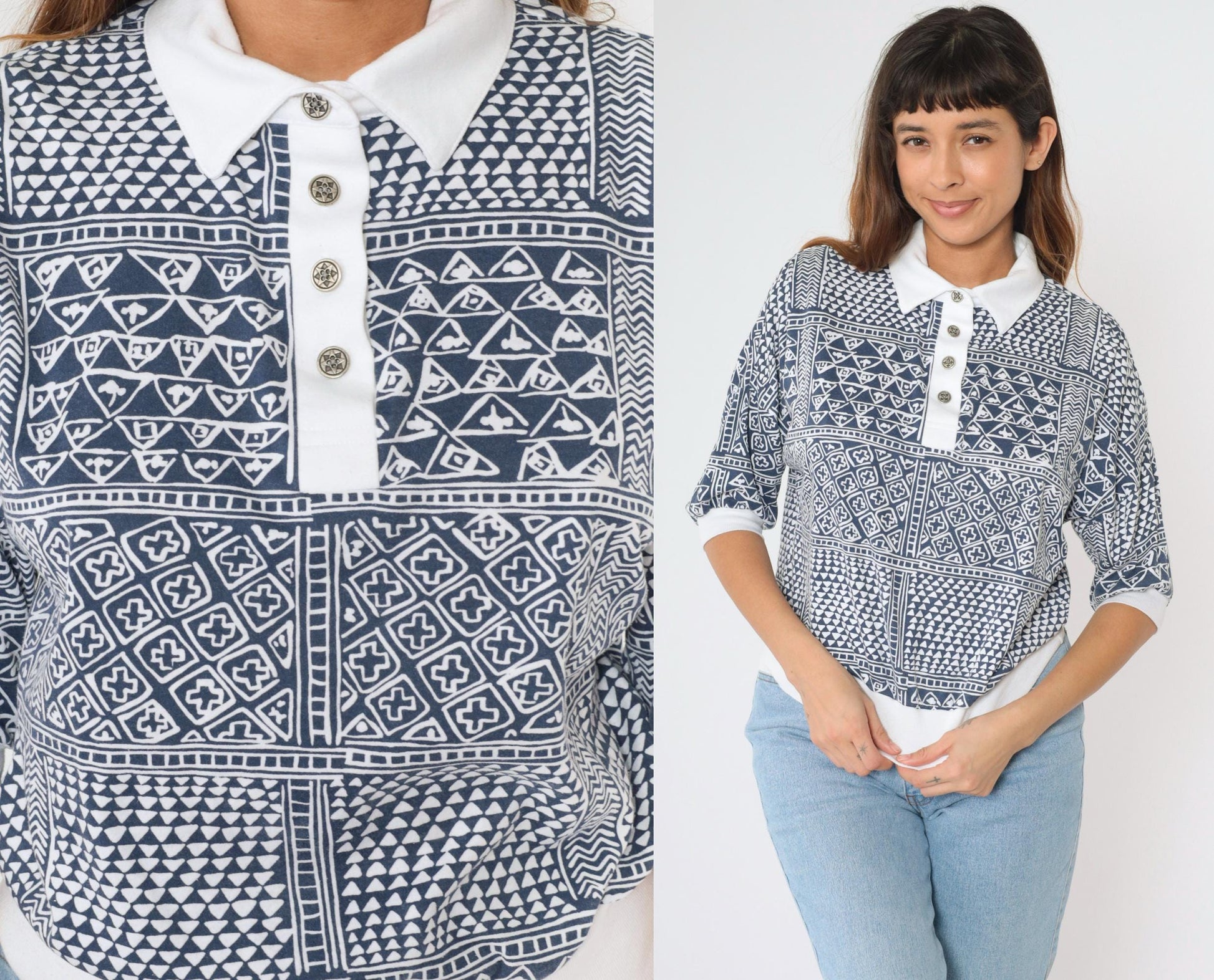 90s Drapers & Damons Geometric Patchwork Polo Shirt Navy White Dolman Medium
