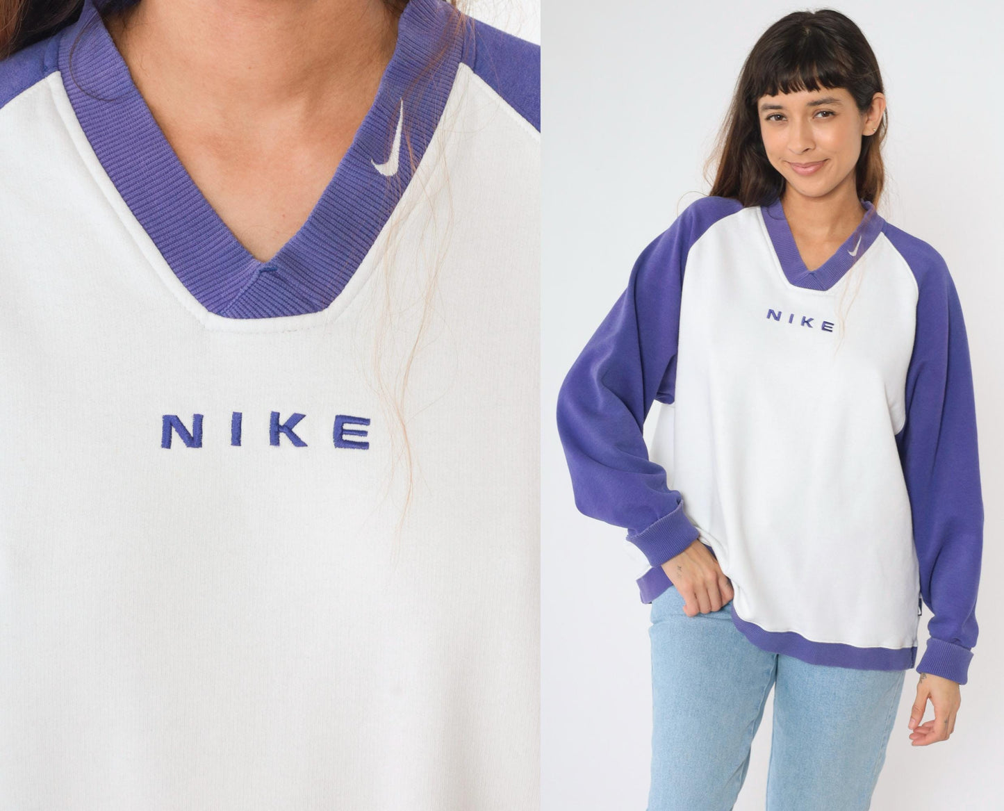 90s Nike V-Neck Sweatshirt Purple White Colour Block Raglan Large
